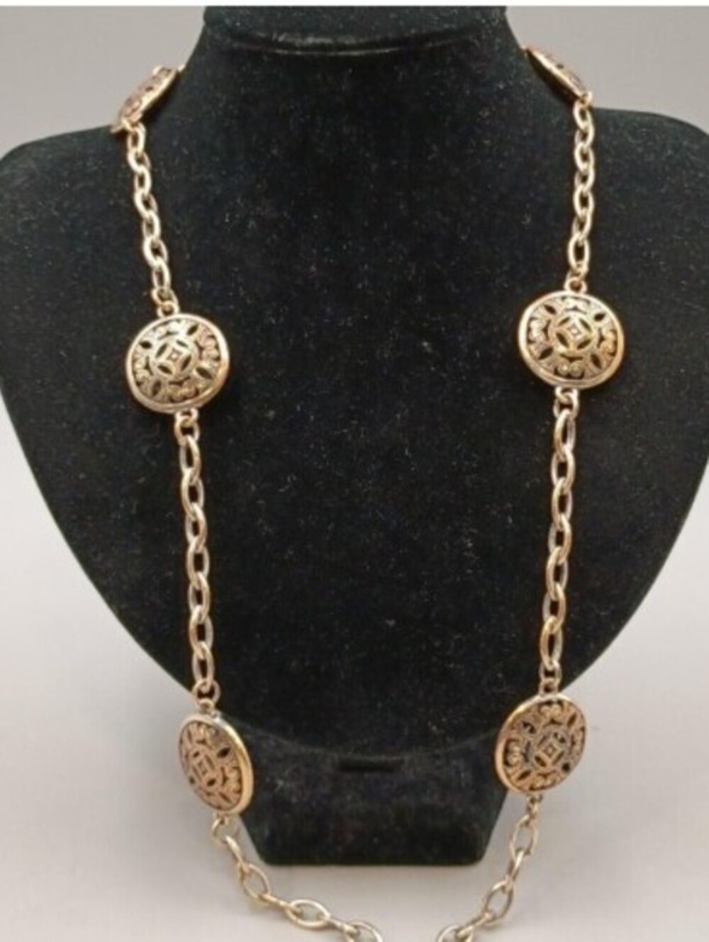 Elegant Gold Tone Long Chain Necklace with Decorative Medallions